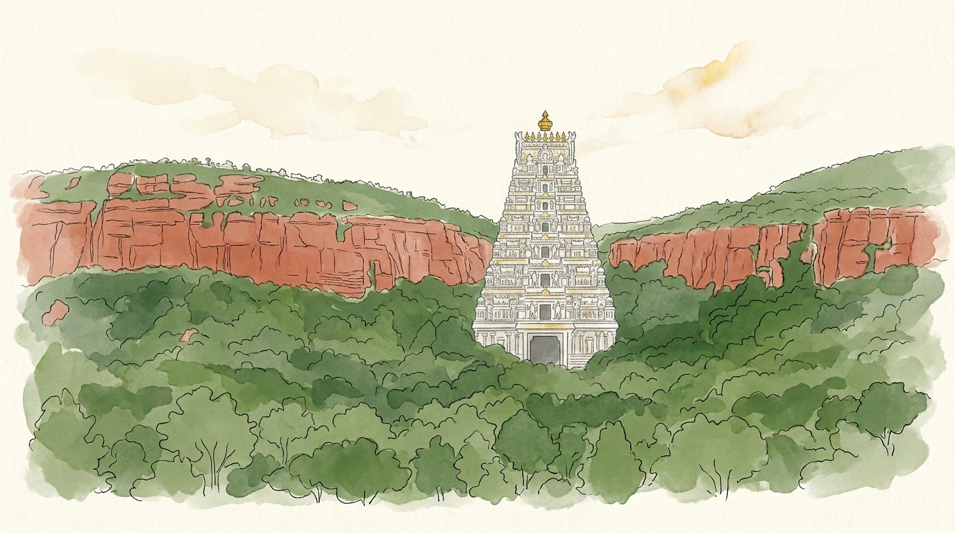 Illustration of the Tirumala hills with Sri Venkateswara Swamy temple gopuram